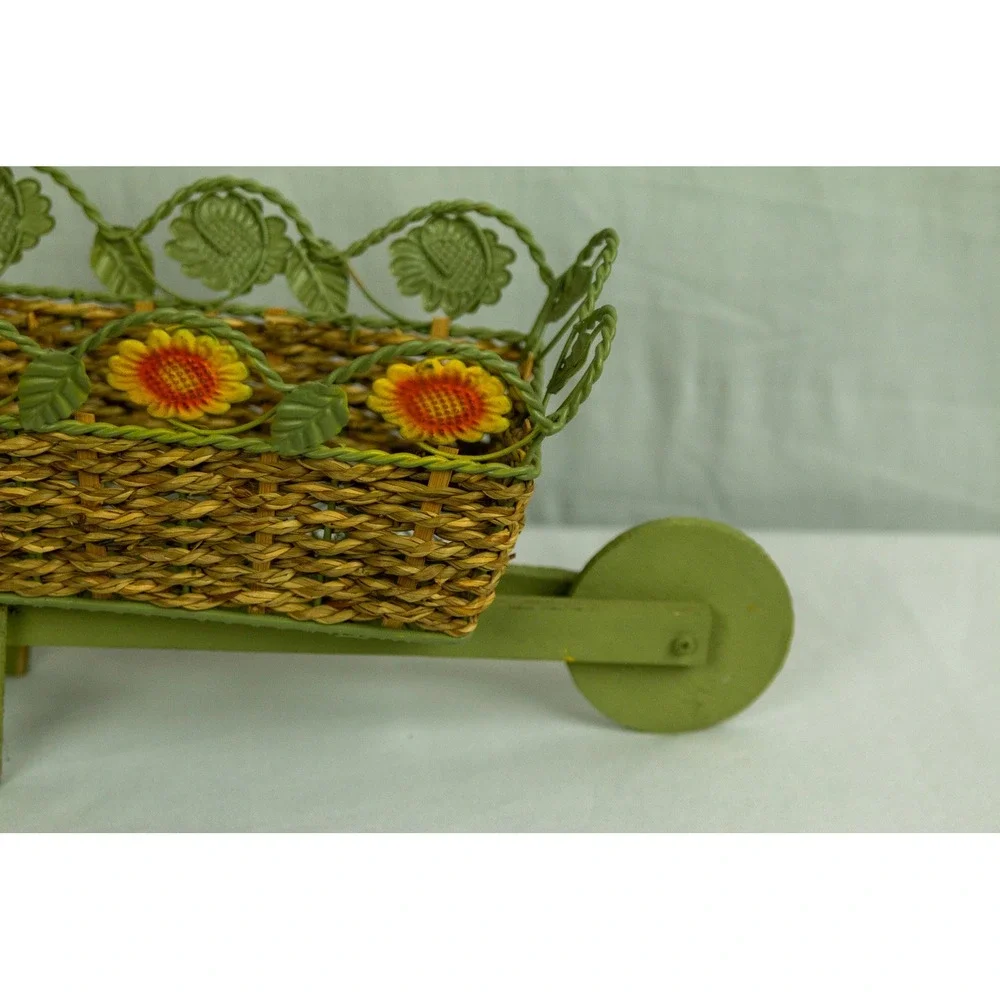 Vintage Style Wicker Wheelbarrow Planter Sunflower Metal Garden Decor Green